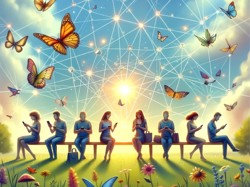 Personas conectadas a través de Internet, entre mariposas y luces
